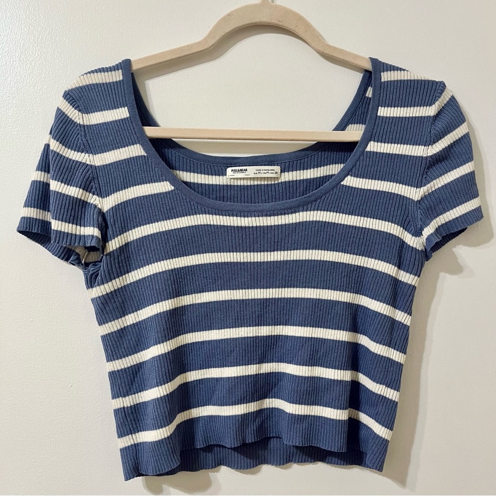 Dusty Blue and White striped ribbed knit crop top